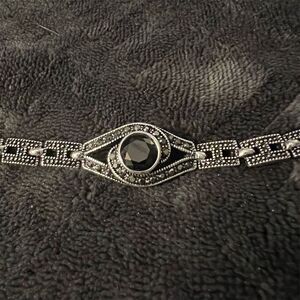 Silver Toned Faux Onyx Marcasite Chain Bracelet Unique Design